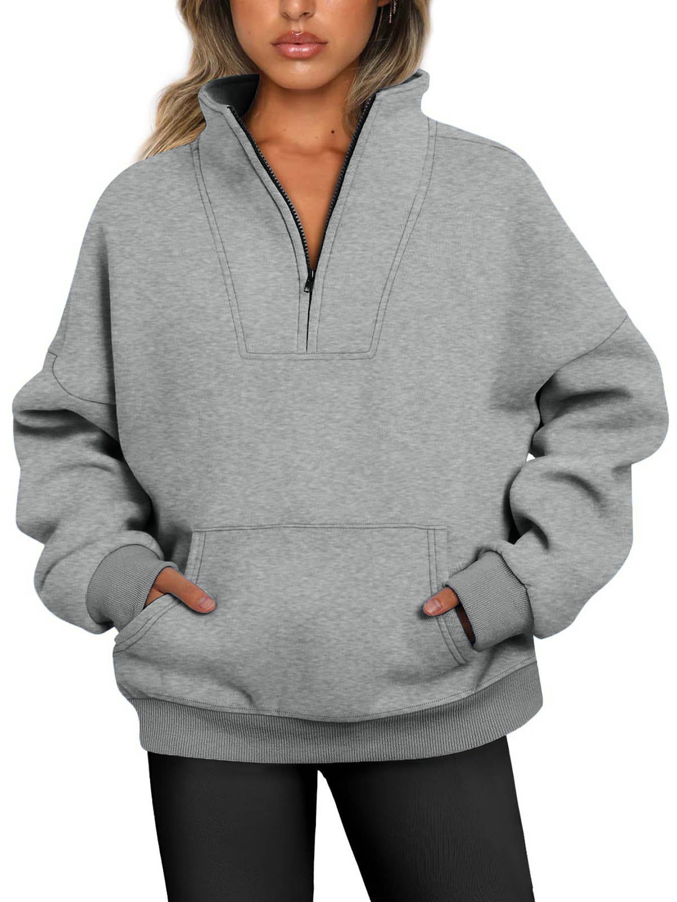 ZIPPER LOOSE STAND COLLAR SOLID COLOR HOODIE