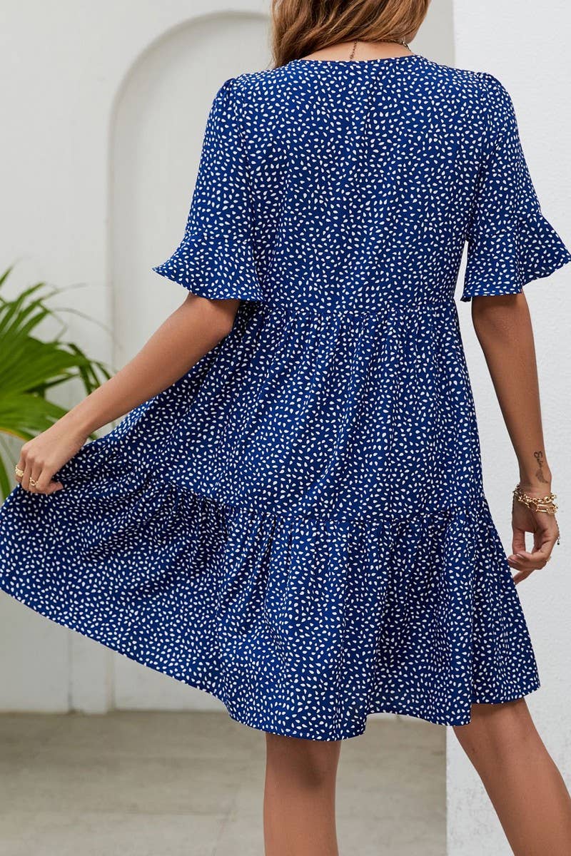 CWDSD2700_V-Neck Short-Sleeved Layered A-Line Dress