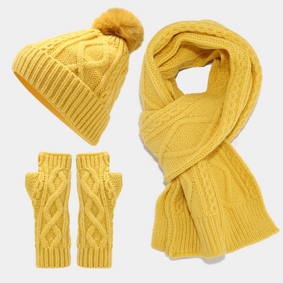 CABLE KNIT HAT, SCARF AND GLOVES THREE-PIECE SET_CWAH1580