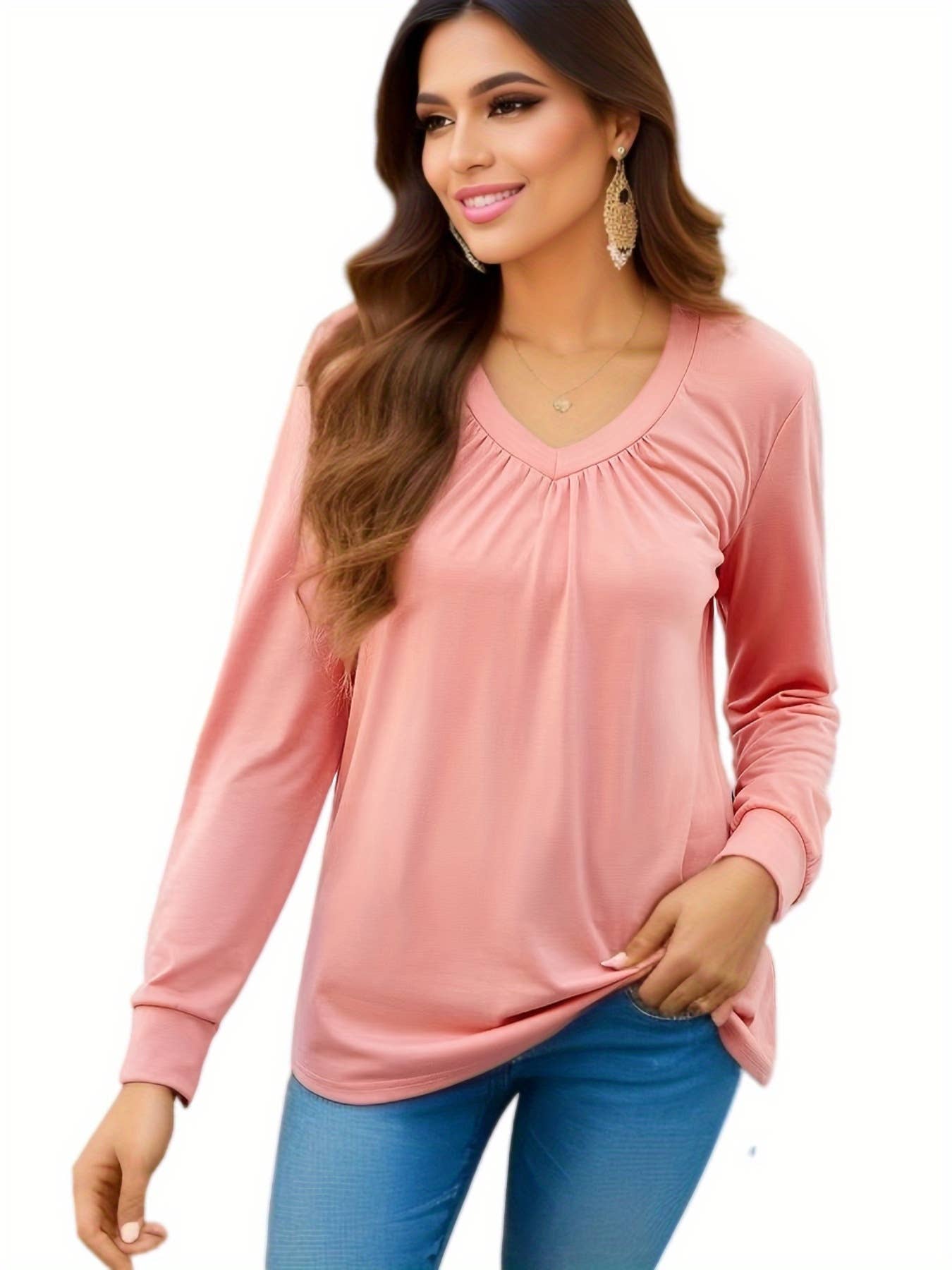 SOLID COLOR PLEATED V-NECK LOOSE T-SHIRT