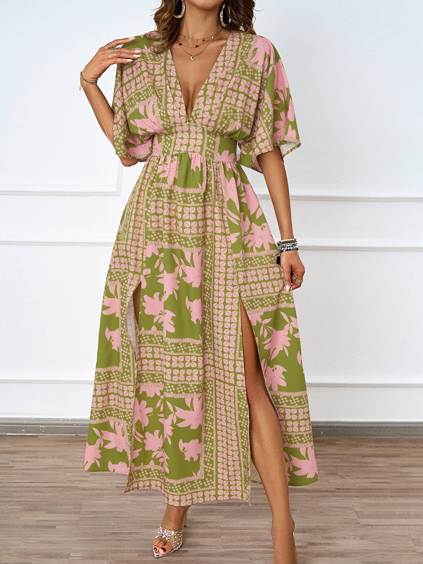 SEXY V-NECK SHORT SLEEVE PRINTED WAIST DRESS