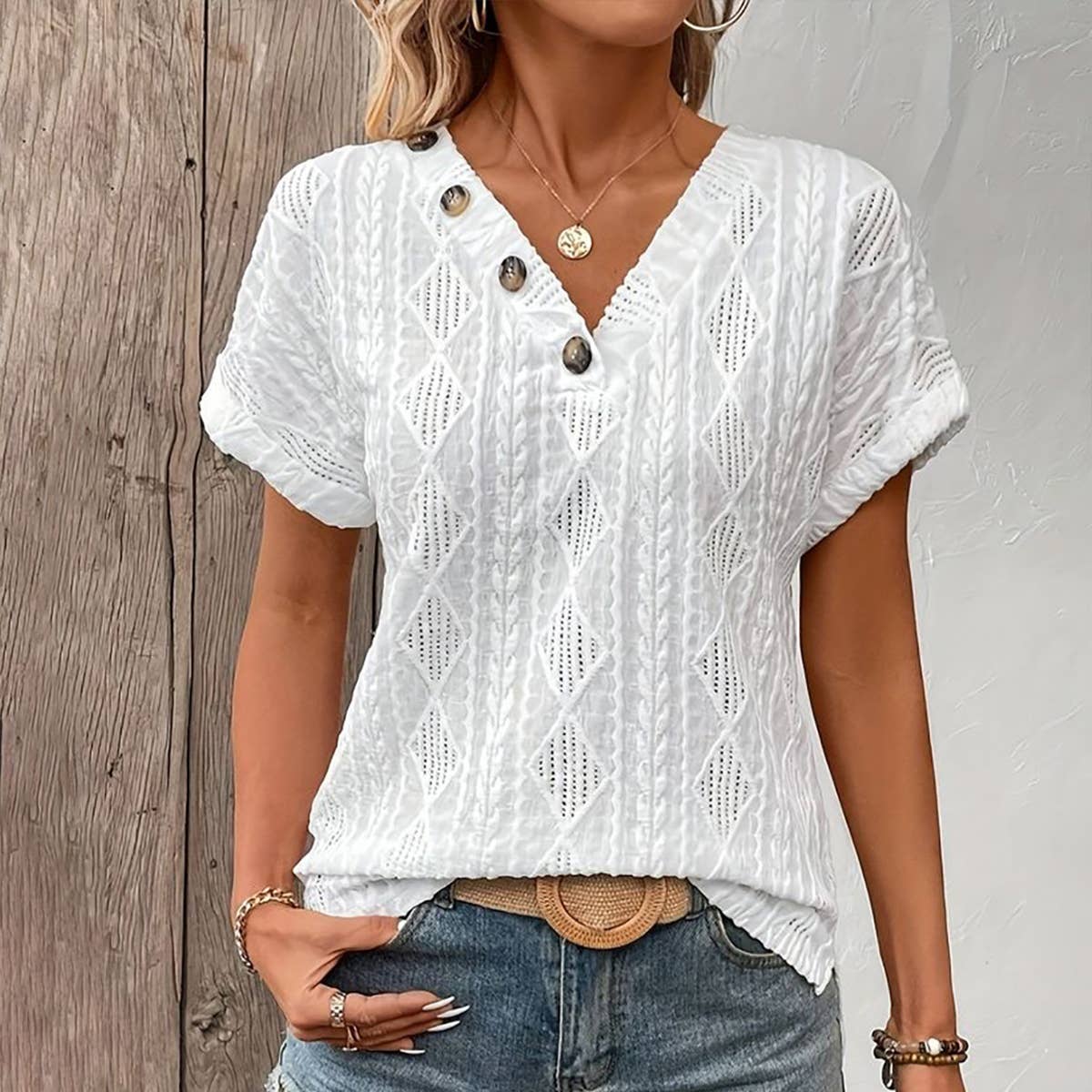 V-neck solid color loose short-sleeved T-shirt