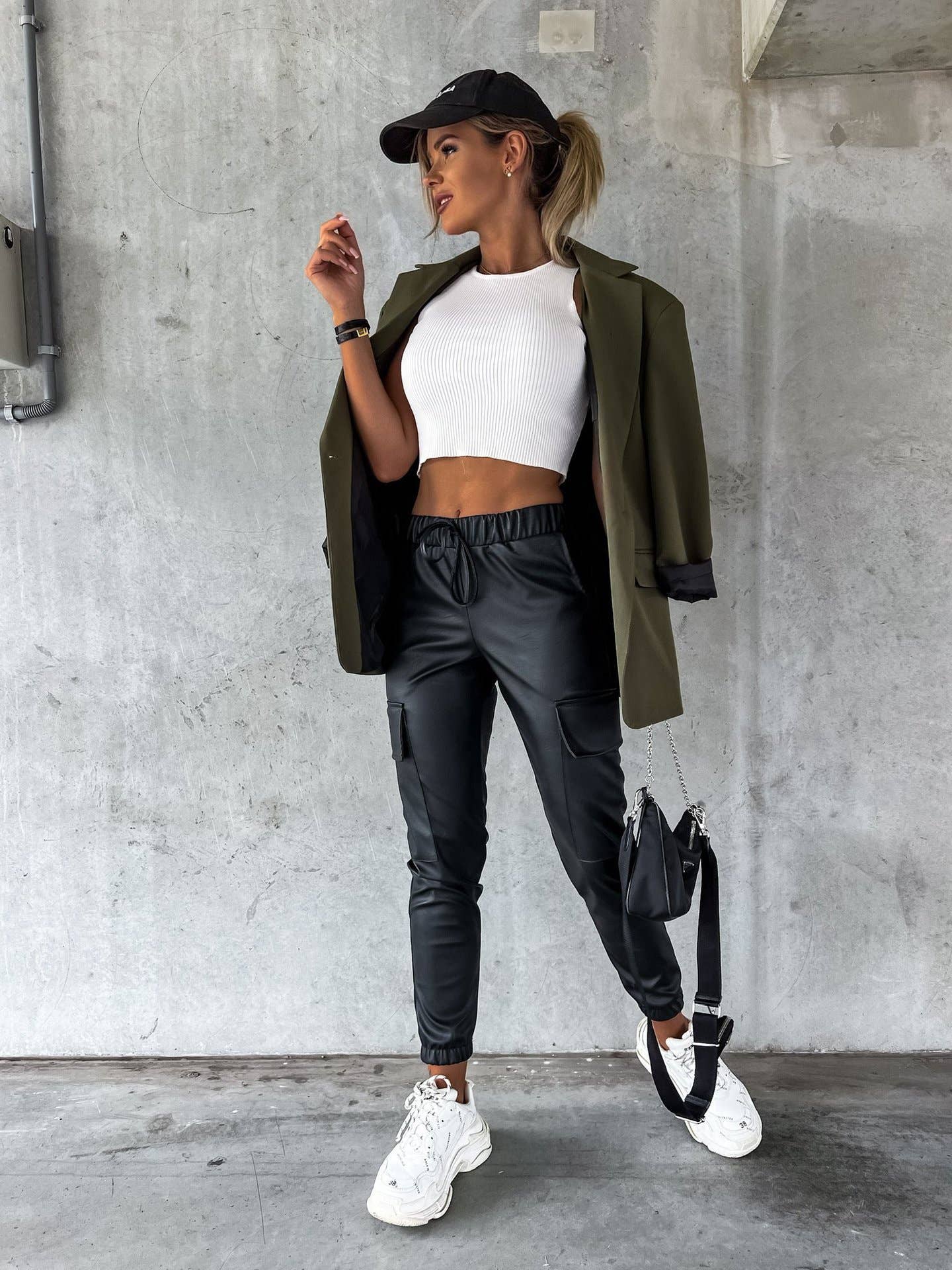 Waist-cinching street drawstring leather pants