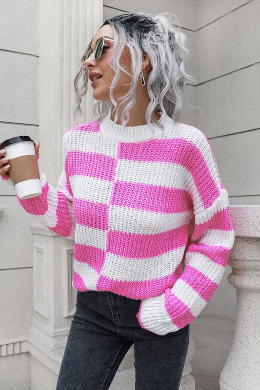 Cwoswl4084_Striped Long-Sleeved Crew Neck Knitted Sweater