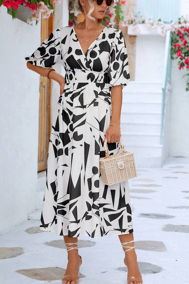 CWDTD0404_WOMEN'S V-NECK PUFF SLEEVE DRESS