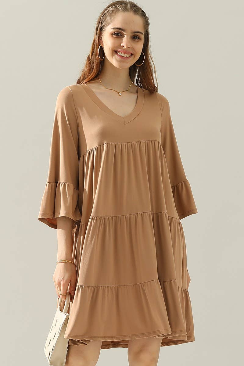 CWDSD10412_V NECK 3 TIERED RUFFLE DRESS WITH RUFFLE SLEEVE