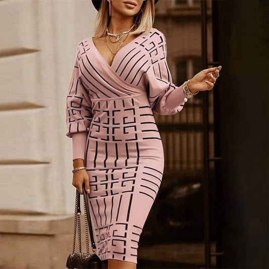 Printed long-sleeved V-neck dress with hip wrap