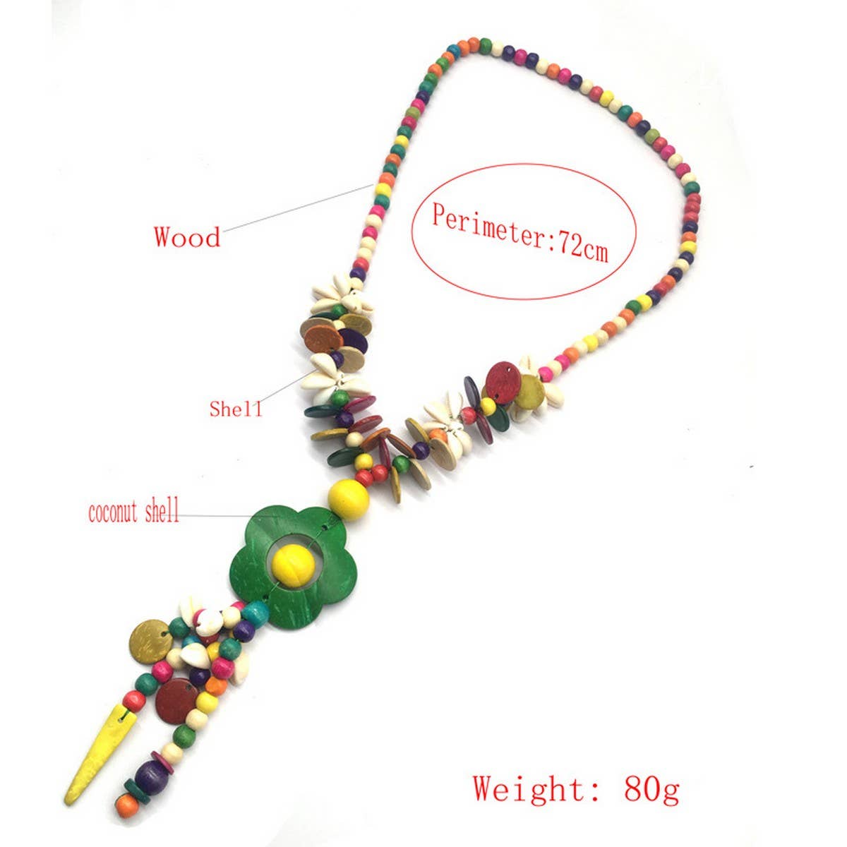COCONUT SHELL COLORFUL WOODEN BEADS SHELL NECKLACE