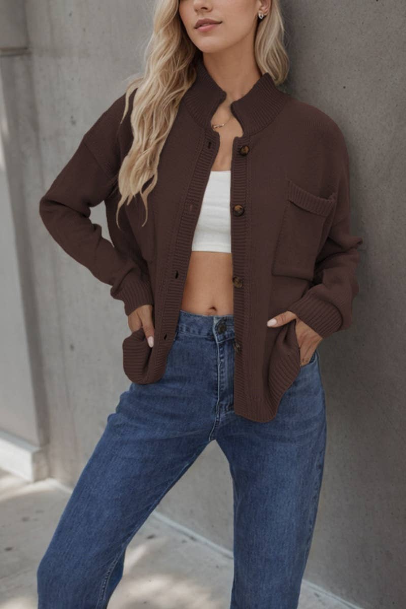 CWOCAL2213_HIGH-NECK POCKET BUTTON LONG-SLEEVED CARDIGAN