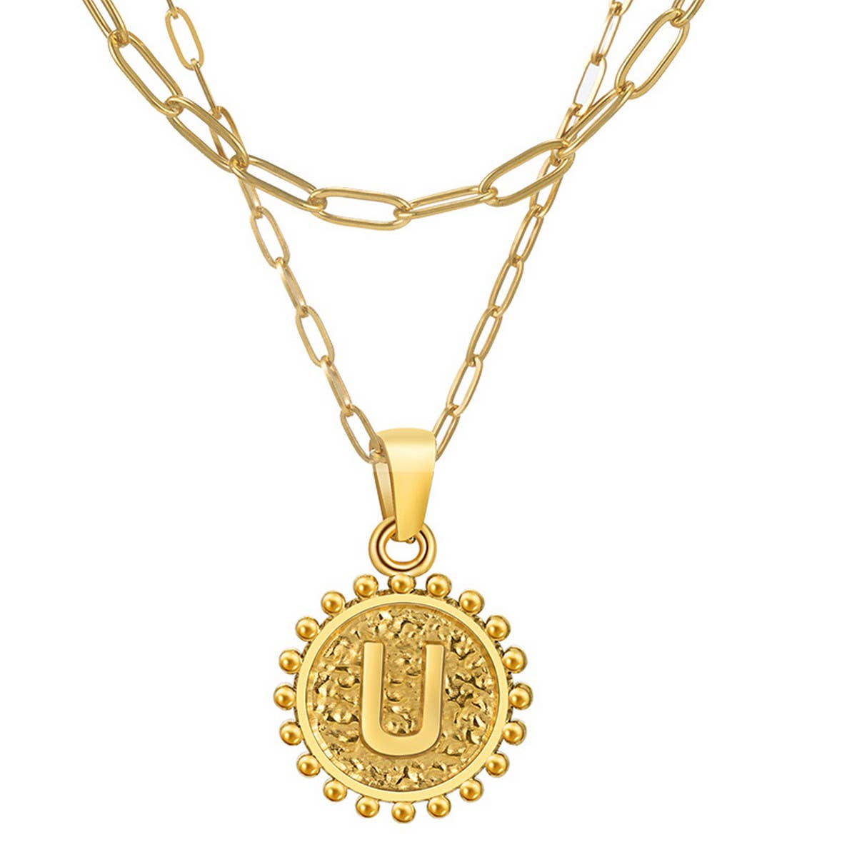 CWAJE1943_Round Paper Clip Letter Double Necklace,Gold