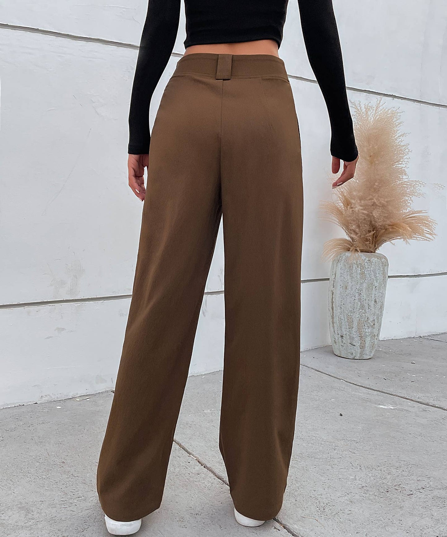 SOLID COLOR HIGH-WAISTED STRAIGHT-LEG PANTS