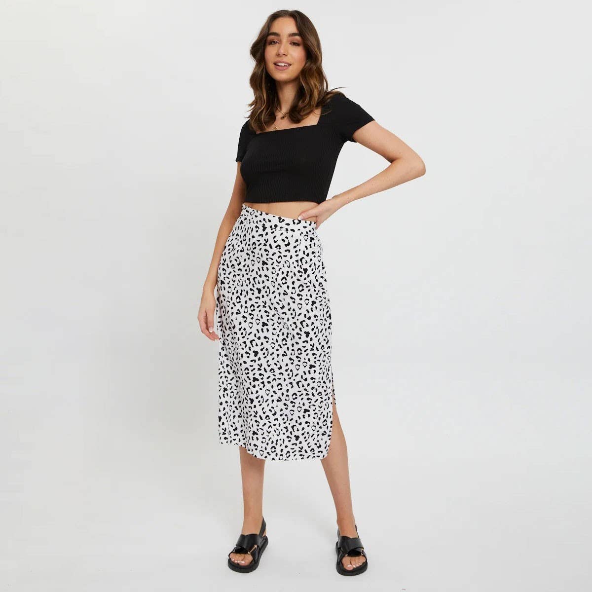 HIGH WAIST LEOPARD CHIFFON PRINT SLIT MIDI SKIRT