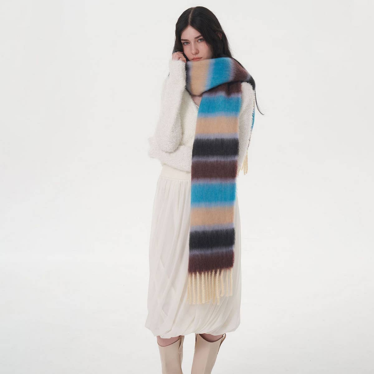 WOMEN CONTRASTING STRIPED FRINGED PLAID SCARF