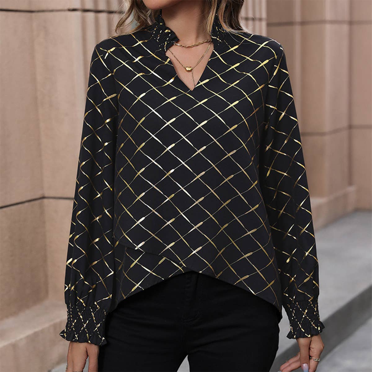STAND COLLAR V-NECK GOLD STRIPED PULLOVER SHIRT