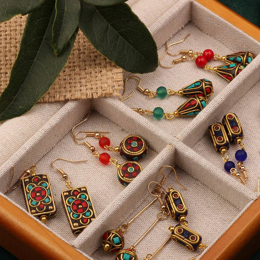 NEW NEPALESE INLAID ETHNIC GEOMETRIC EARRINGS