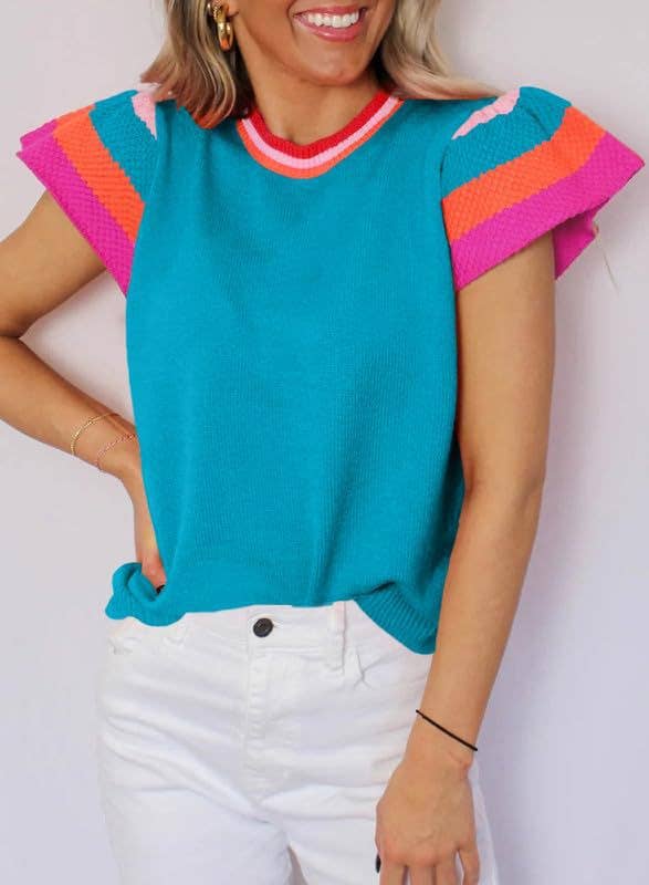 Round-neck color-blocking short-sleeved sweater