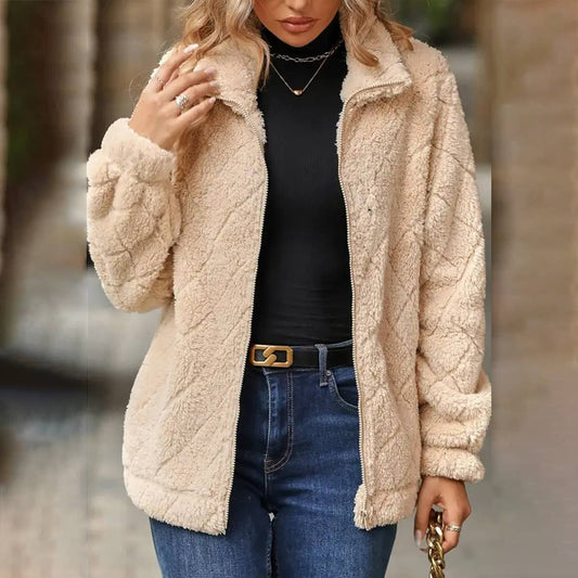 WOMEN SOLID QUILTING LAPEL FLEECE PLUSH JACKET_CWOJA0637