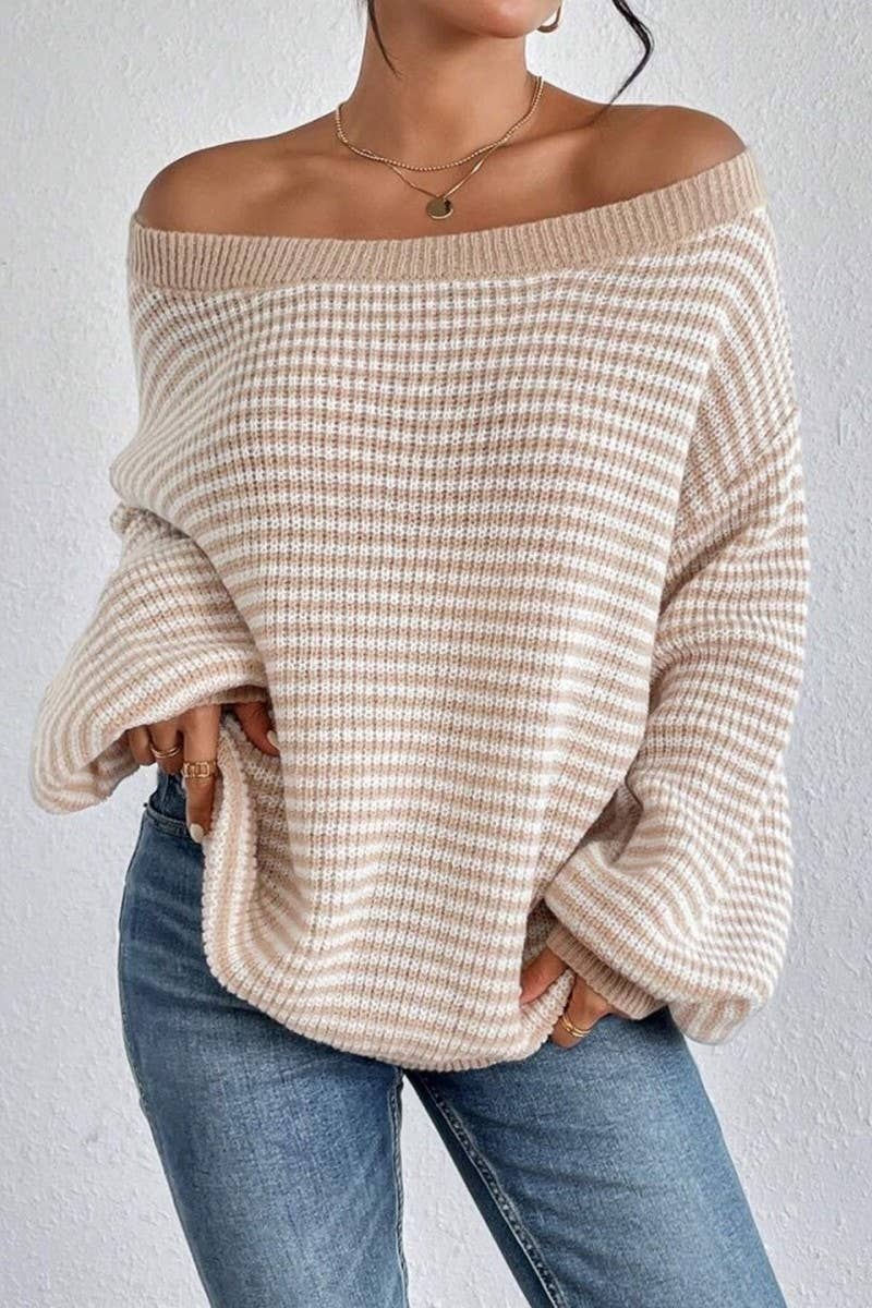 CWOSWL07623_OFF SHOULDER STRIPED KNIT PULLOVER SWEATER