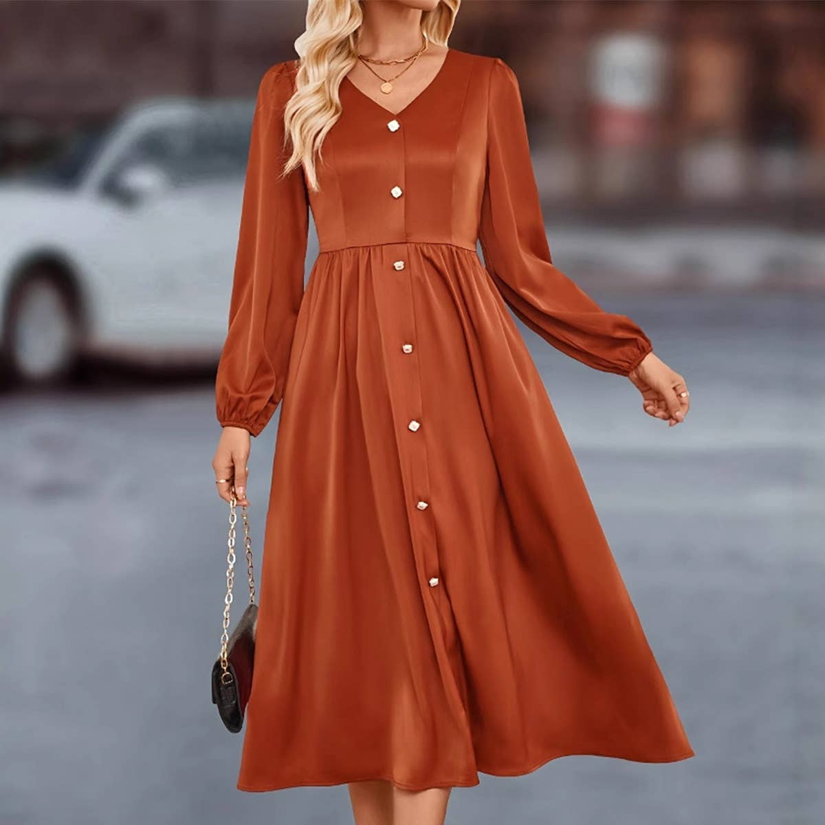 Single breasted solid color satin shirt dress