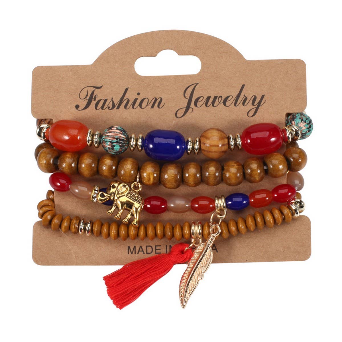 CWAJE05686_BOHO ELEPHANT LEAF TASSEL WOODEN BEADED BRACELET