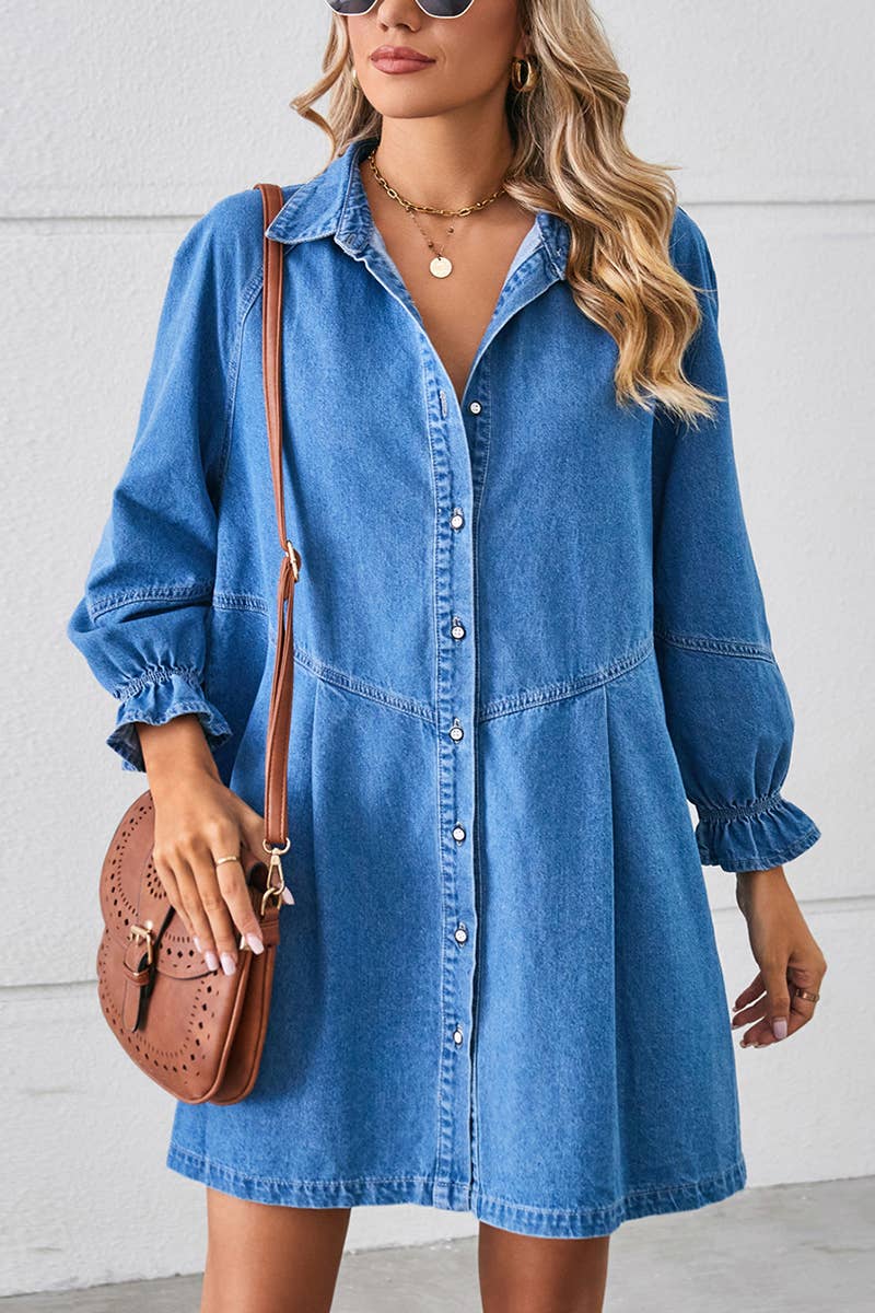 Loose wash long sleeve denim single breasted short dress