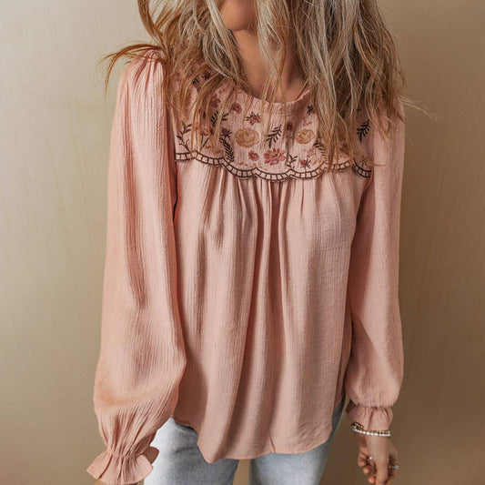 SWEET STYLE FLORAL EMBROIDERED ROUND NECK CHIFFON