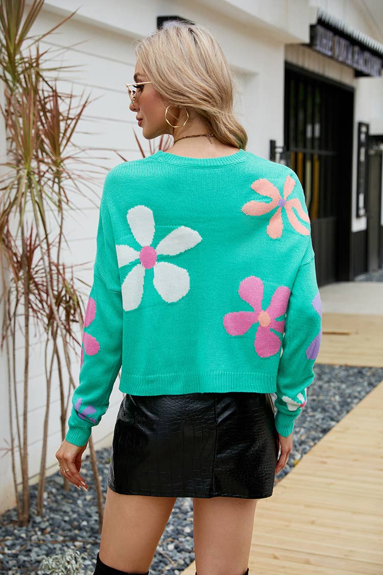 SWEET FLOWER LOOSE CREW NECK PULLOVER SWEATER