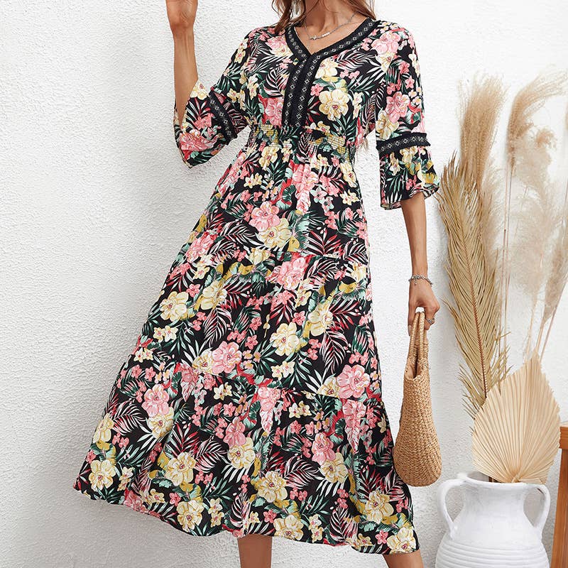 LONG V-NECK DRESS WITH SEVEN-POINT SLEEVES