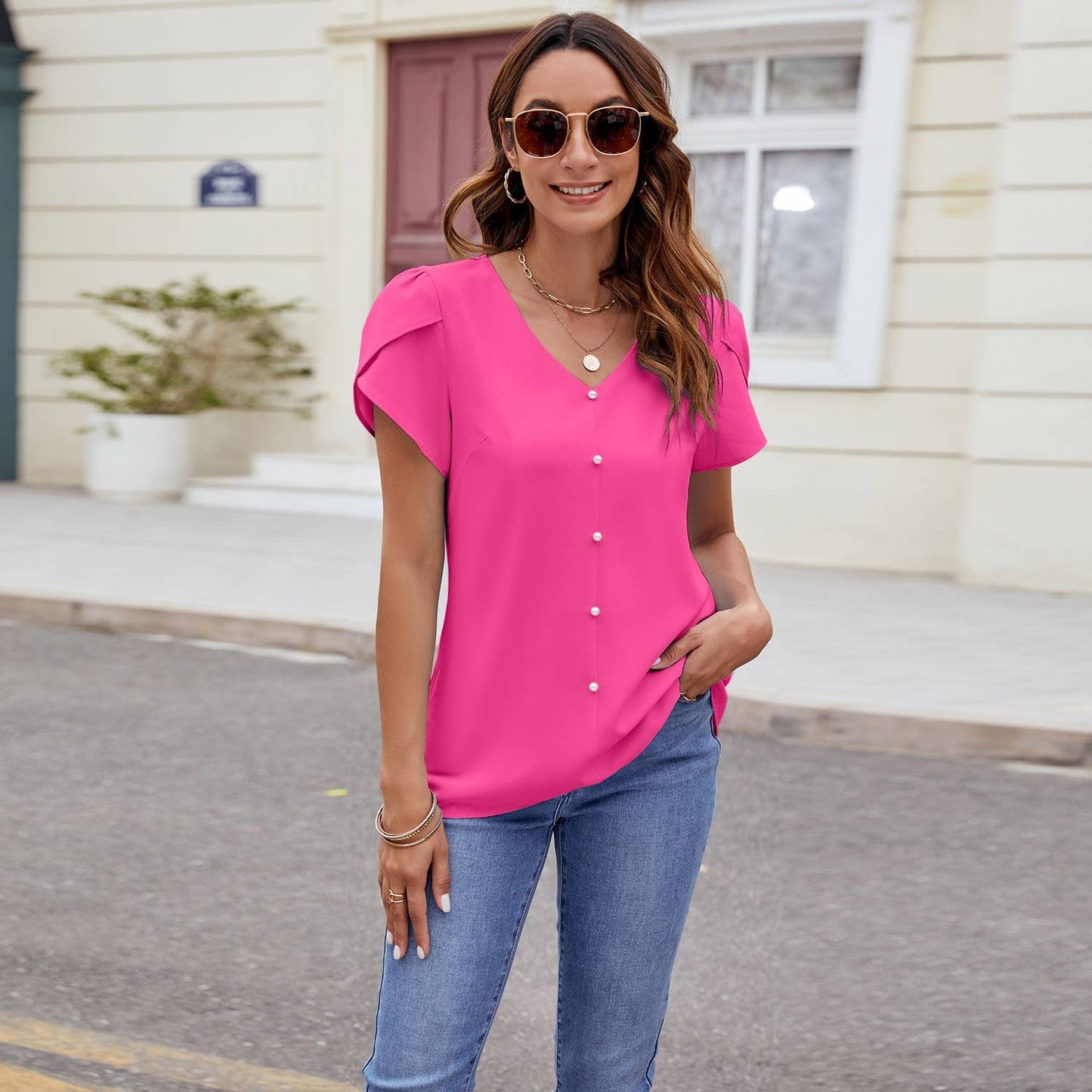 V-NECK SHORT-SLEEVED LOOSE CHIFFON PEARL TOP