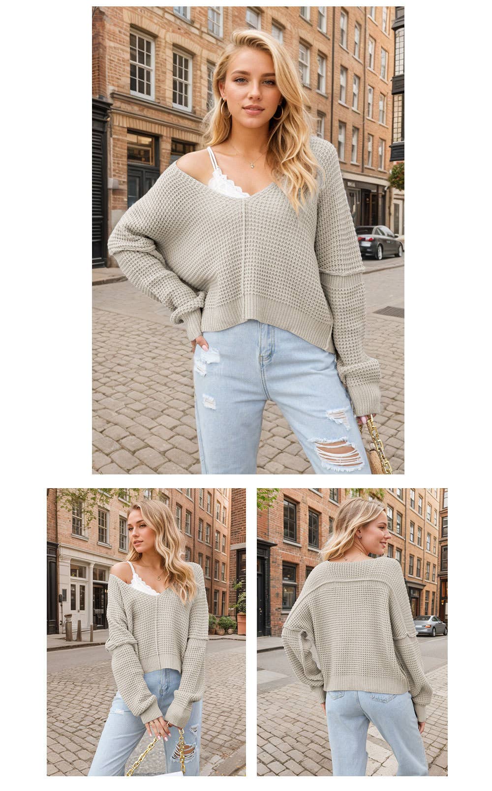 V-NECK OFF-THE-SHOULDER LOOSE-FITTING SWEATER