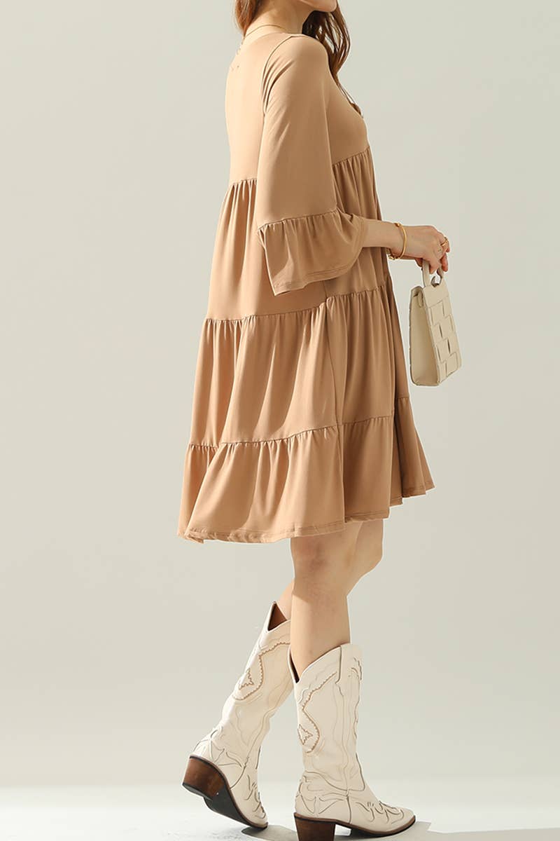 CWDSD10353_V NECK 3 TIERED WITH RUFFLE SLEEVE DRESS