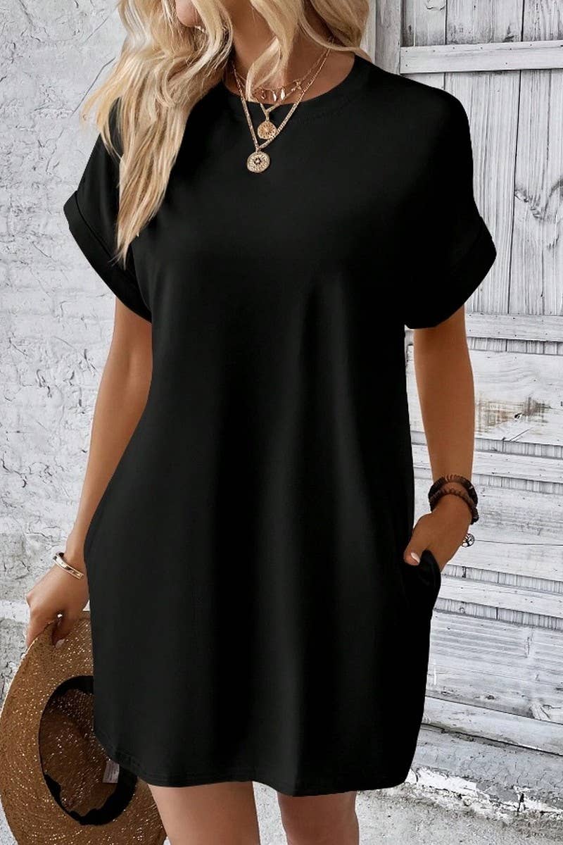 CWDSD3628_SOLID COLOR ROUND NECK LOOSE POCKET SHORT DRESS
