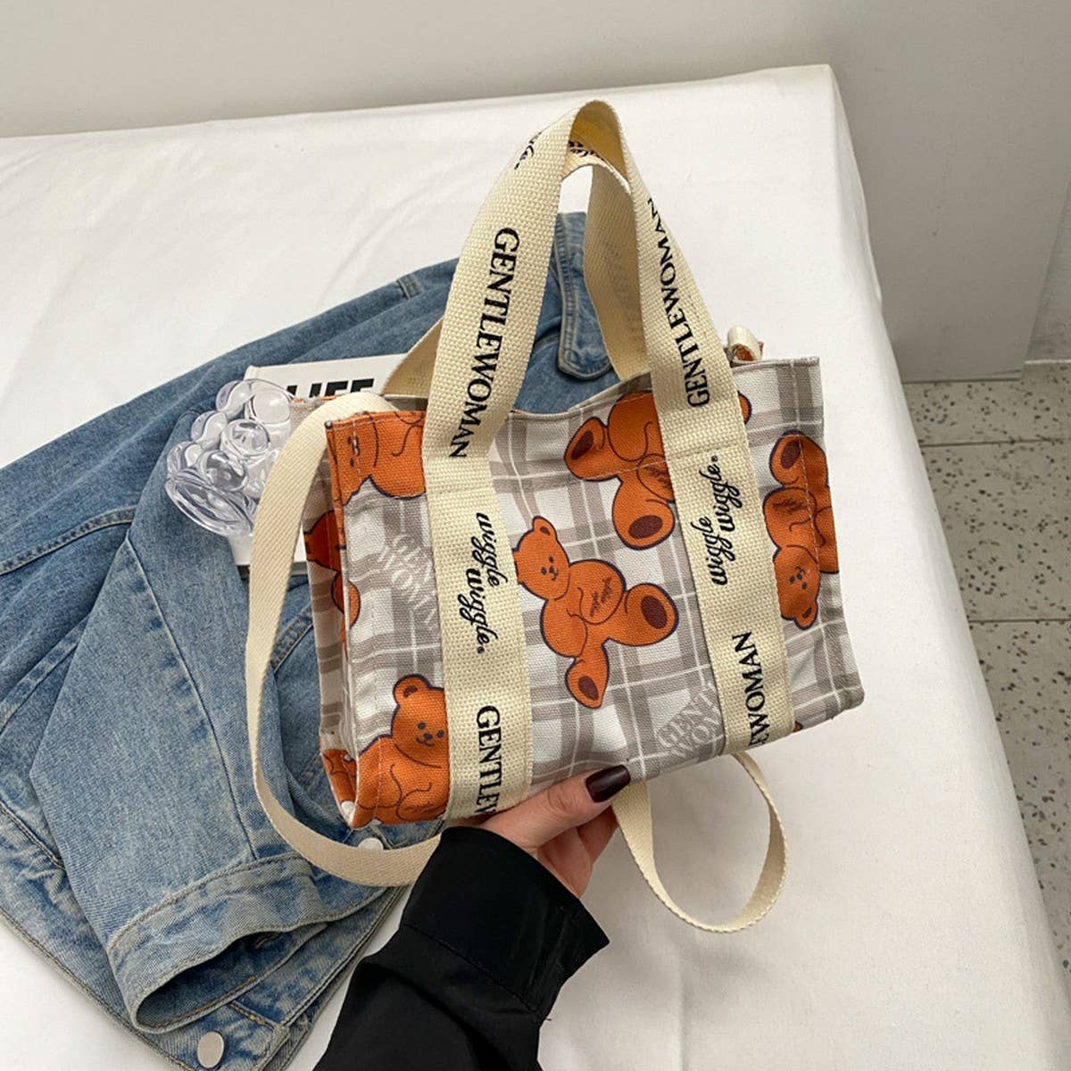 CUTE BEAR COLORFUL LETTER PRINT CANVAS BAG_CWAB2684