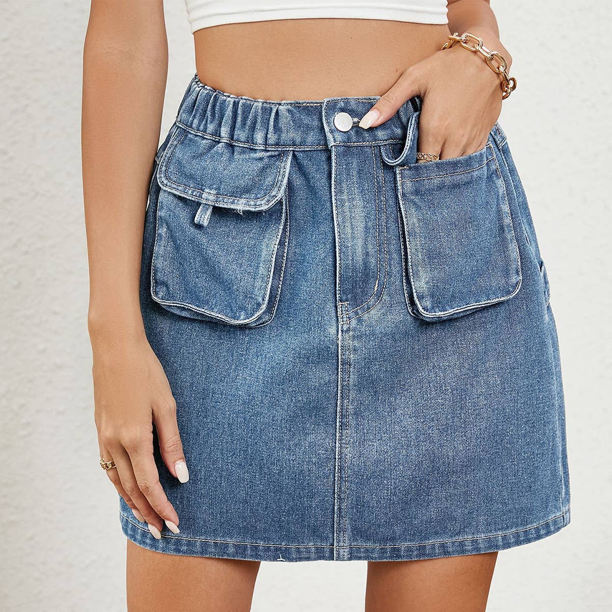 TIGHT WAIST DENIM SKIRT WITH POCKETS
