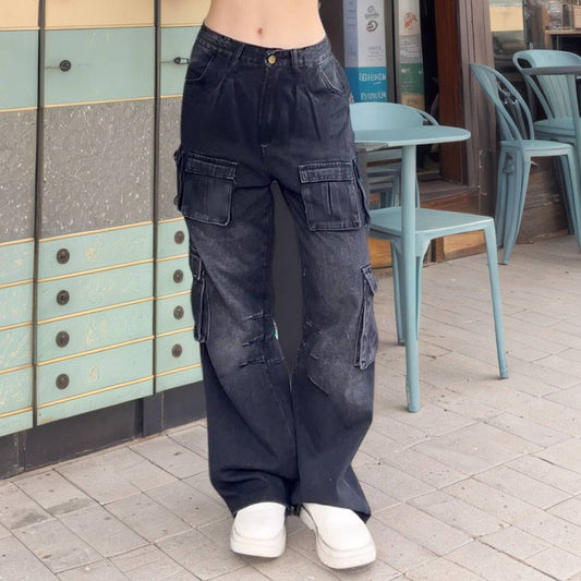 Loose straight wide-leg washed work pants