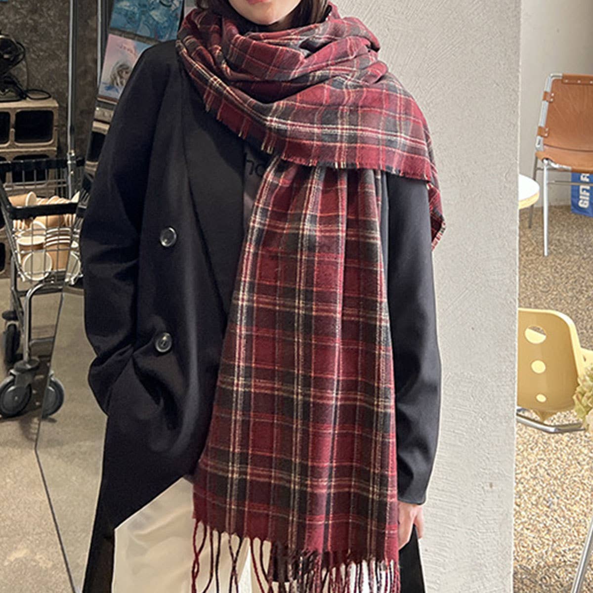 Red Plaid Winter Scarf ??Thick Warm Shawl Wrap_CWASC0175