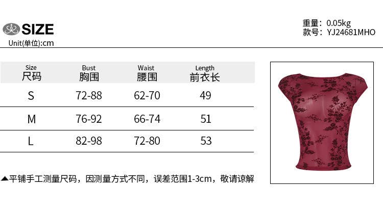 Sheer Mesh Vintage Print Sexy Top Short Sleeve