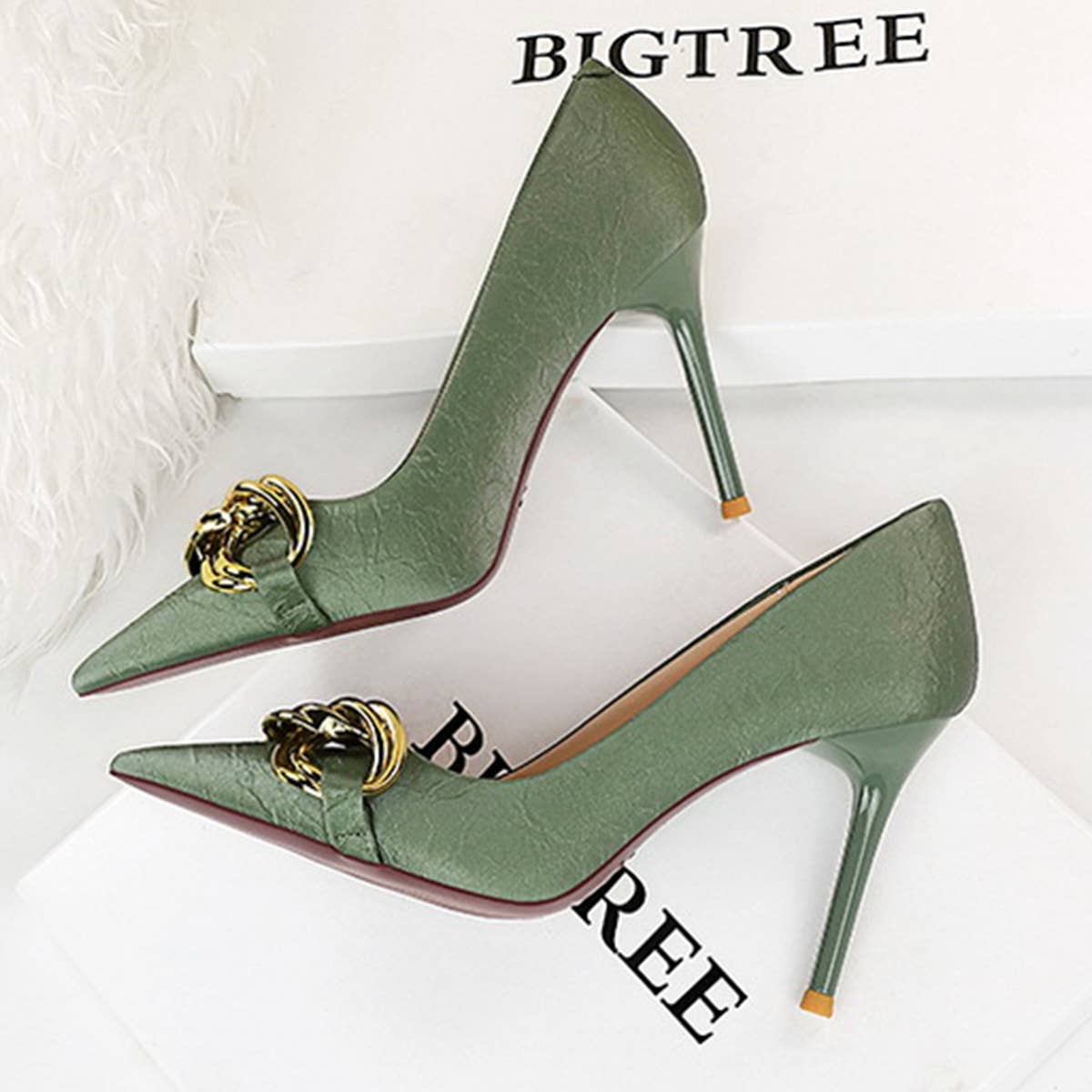 SHALLOW-MOUTHED POINTED METAL BUCKLE HIGH HEELS