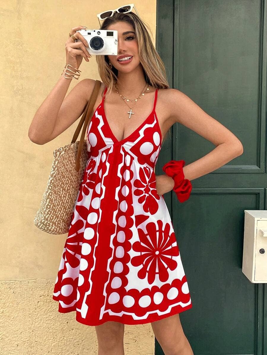 V-neck high-waisted printed halter dress