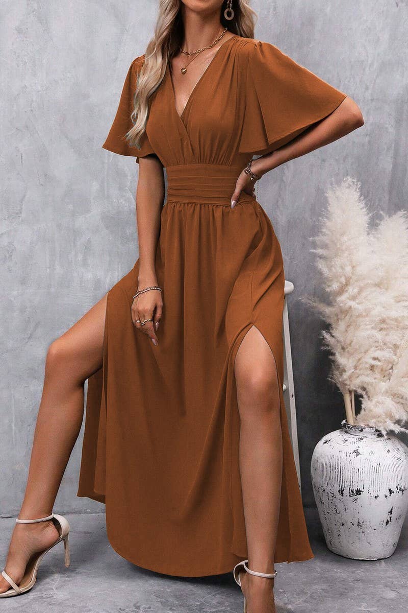 CWDMD4647_SOLID COLOR FLYING SLEEVES HIGH SLIT DRESS
