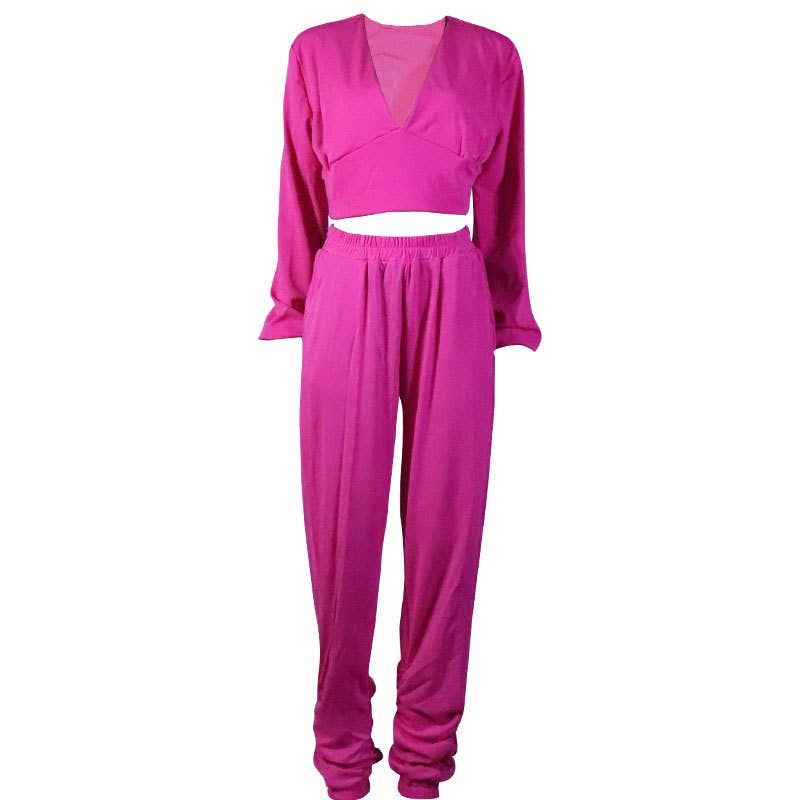 V-NECK CASUAL TOP SWEATPANTS SUIT TWO-PIECE