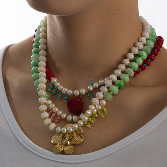 Elegant Dyed Stone Necklace with Pearl Tassels