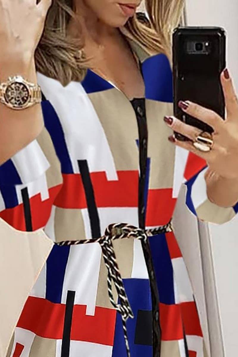 CWDMD4107_PLAID PRINT V-NECK THREE-QUARTER SLEEVE TIE DRESS