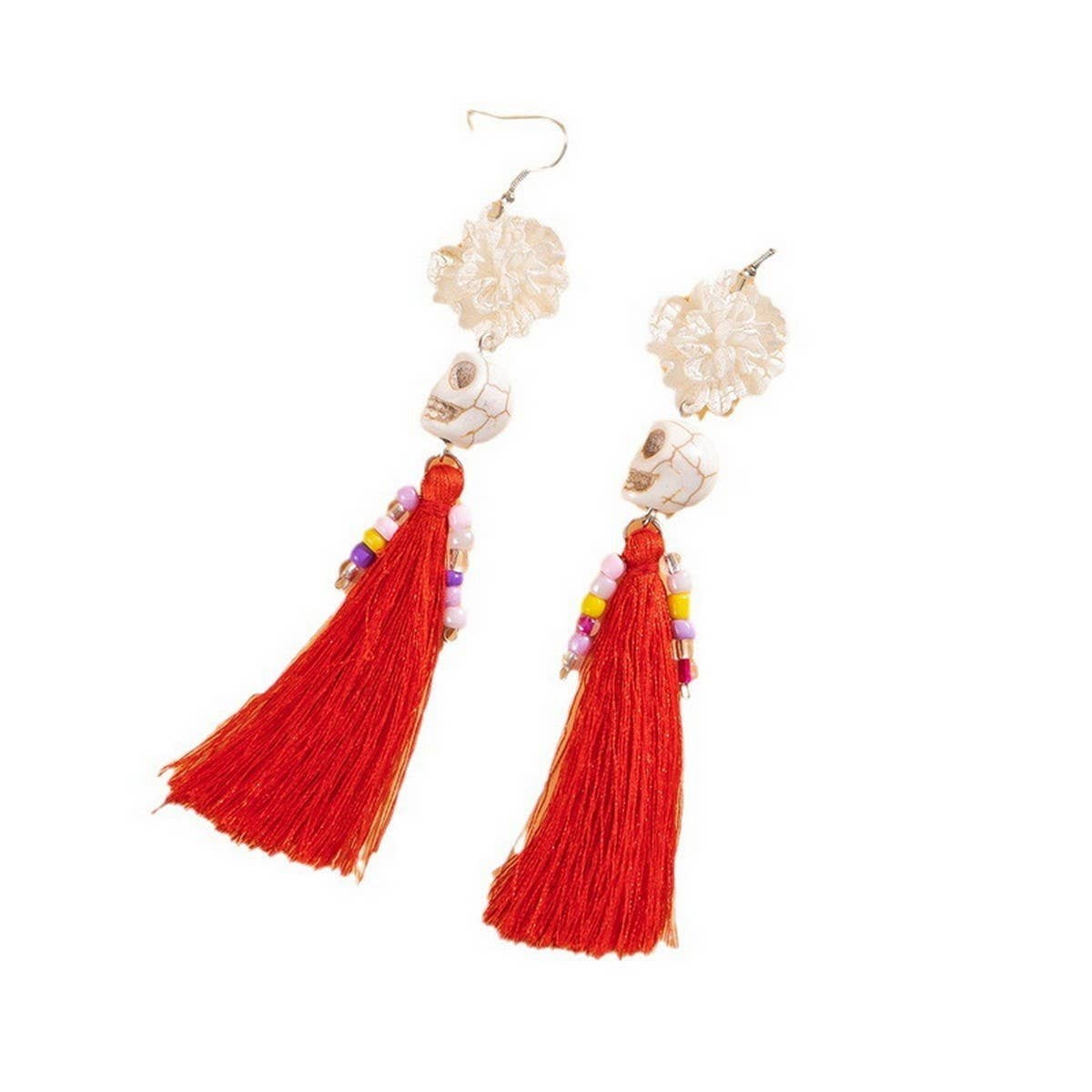 CWAJE2507_HALLOWEEN SKULL TASSEL RICE BEAD EARRINGS