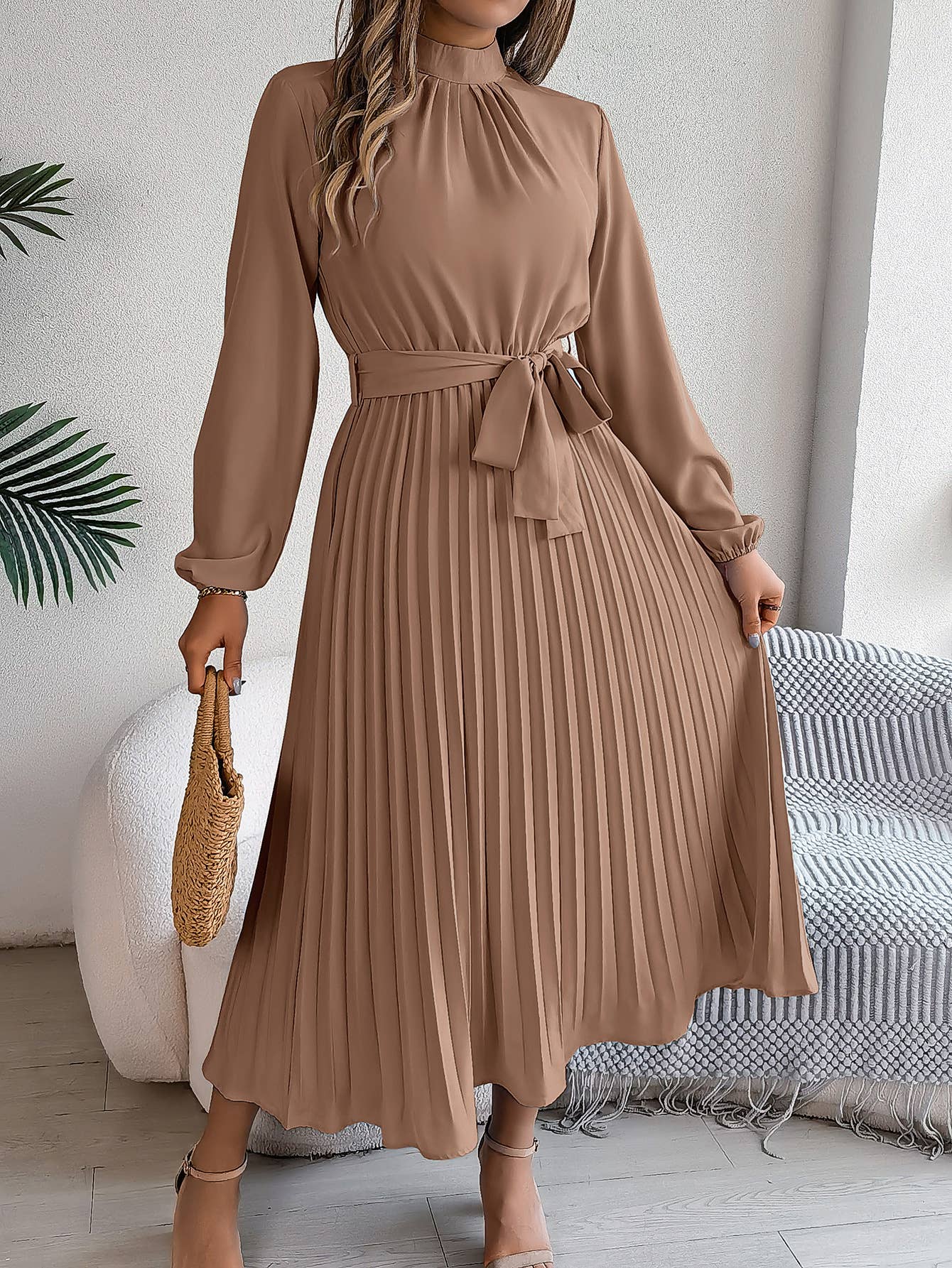 STANDING COLLAR LONG SLEEVE PLEATED LONG DRESS