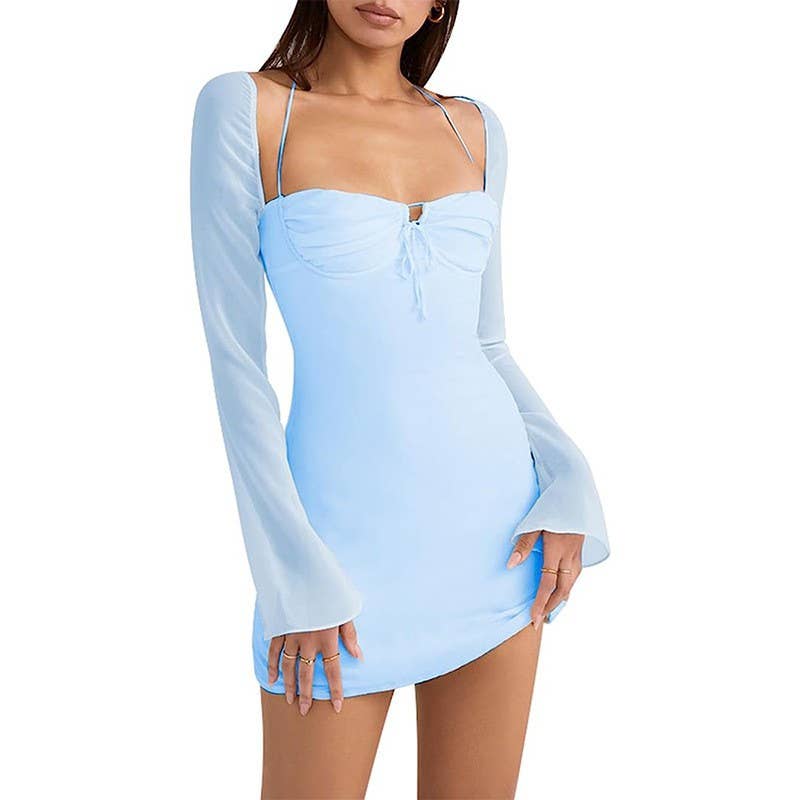 Sexy lace-up halter flared sleeve sheath dress