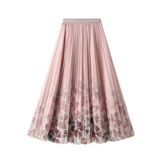 Floral Print Tulle Pleated Midi Skirt