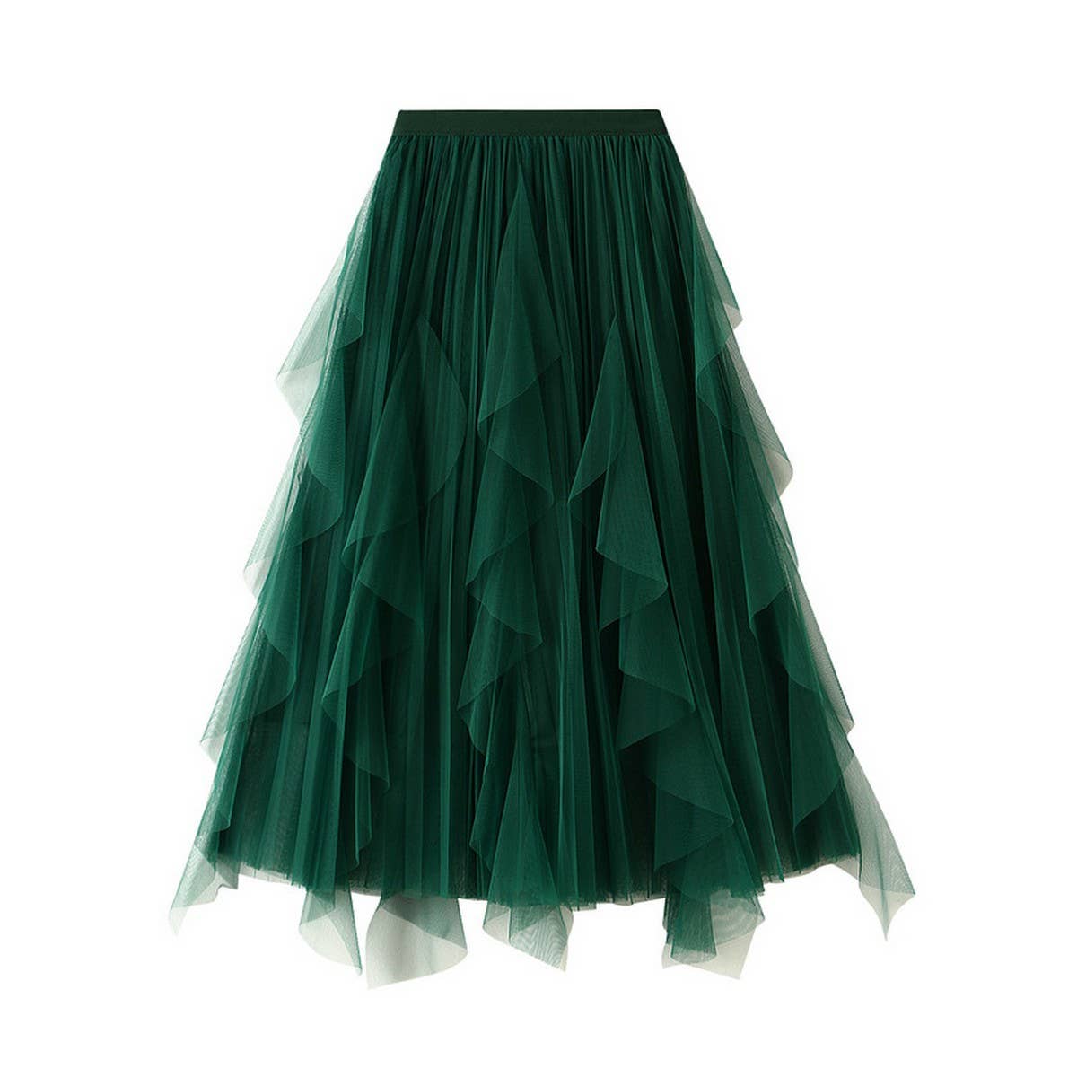 Ruffled Mesh Panel High-Waist Pleated Midi Skirt