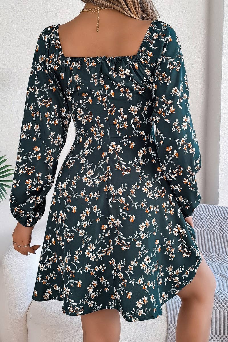CWDSD5763_TIE UP SQUARE NECK FLORAL LONG SLEEVE DRESS