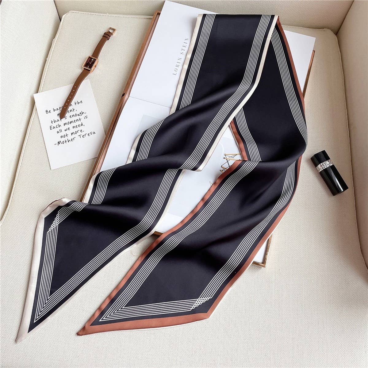 THIN SIMPLE GEOMETRIC LONG SILK HEAD SCARF